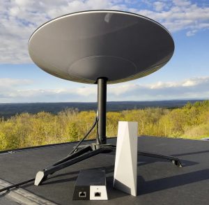 Starlink dish, a dish mount, and a Wi-Fi router base unit